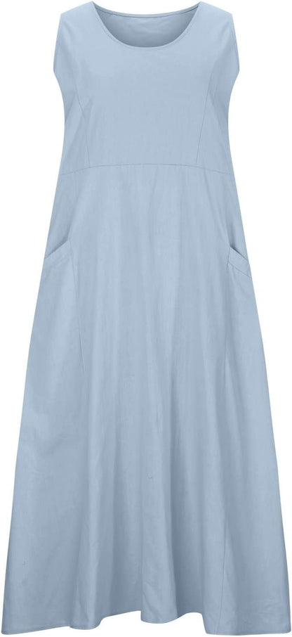 SMIDOW Cotton Dresses for Women Casual Summer 2024 Solid Beach Flowy Tshirt Sundress Sleeveless Tank Long Dress with Pockets