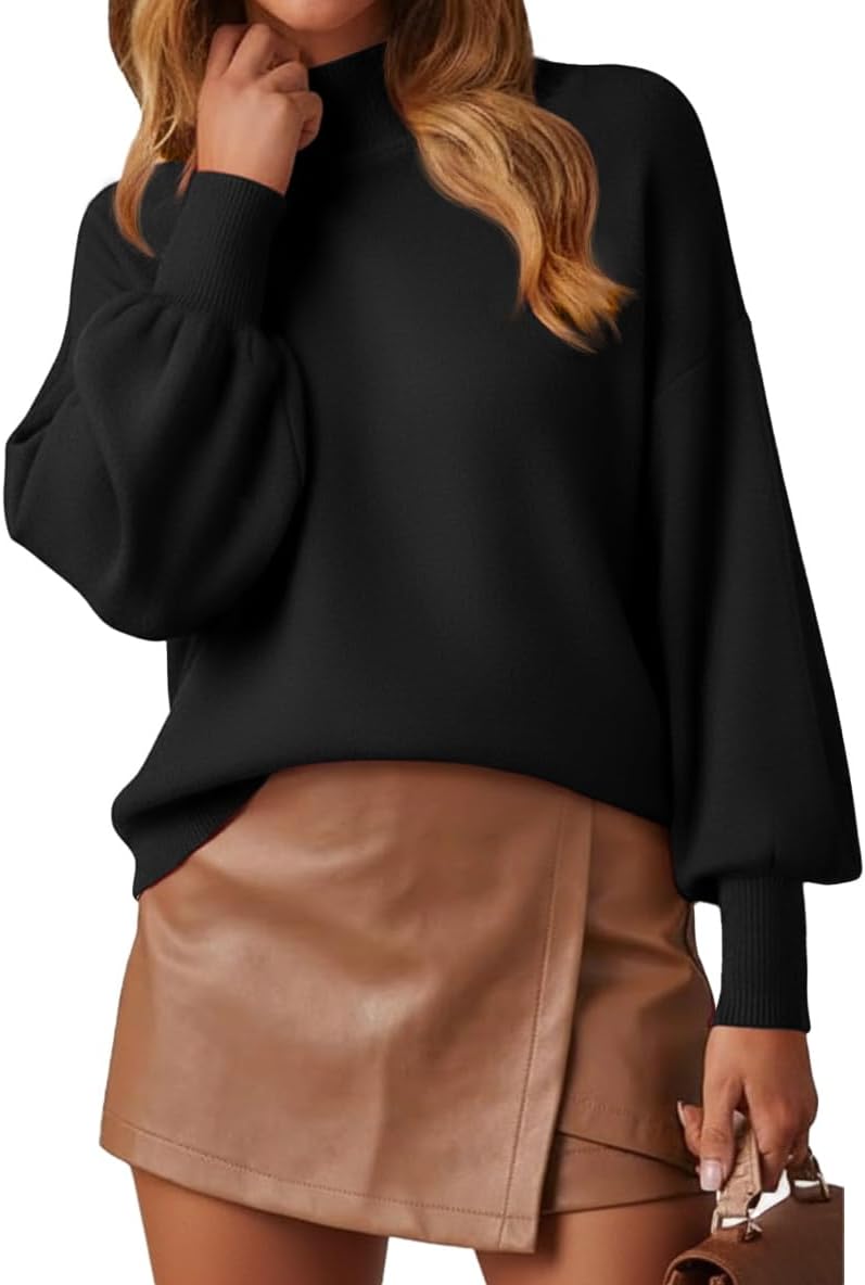 WEACZZY Women's 2026 Fall Fashion Casual Sweaters Mock Neck Long Lantern Sleeve Lightweight Knit Pullover Sweater Tops