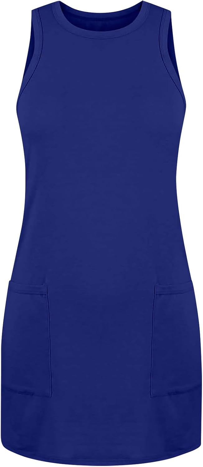 Summer Dresses for Women Beach Tshirt Sundress Baggy Sleeveless Tank Dress with Pocket, Solid Loose Cami Sun Dress