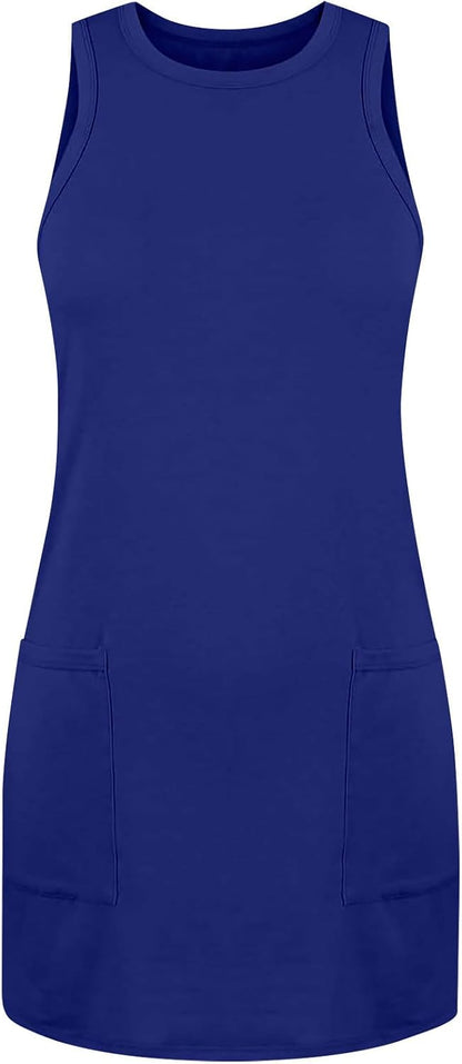 Summer Dresses for Women Beach Tshirt Sundress Baggy Sleeveless Tank Dress with Pocket, Solid Loose Cami Sun Dress