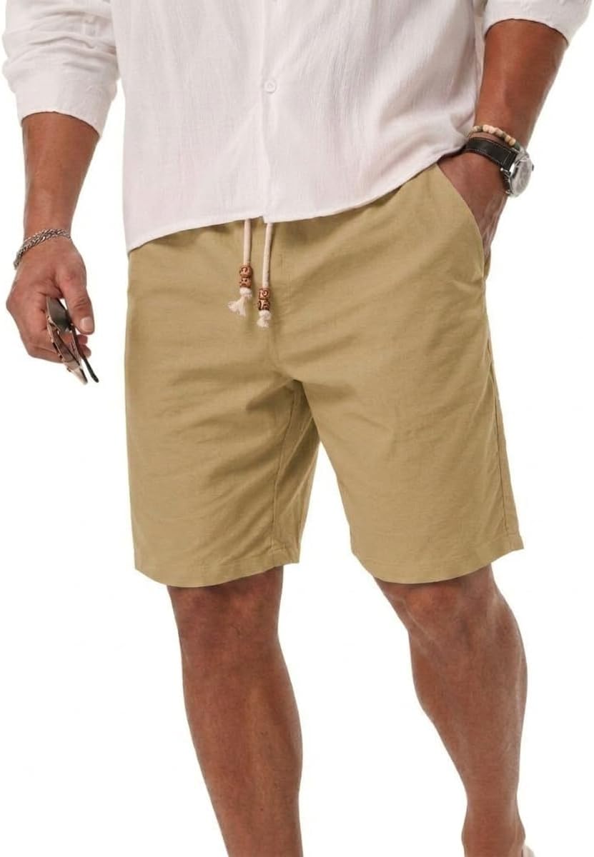 Sailwind Men’s Cotton Linen Shorts Casual Elastic Waist Drawstring Summer Beach Vacation Shorts with Pockets