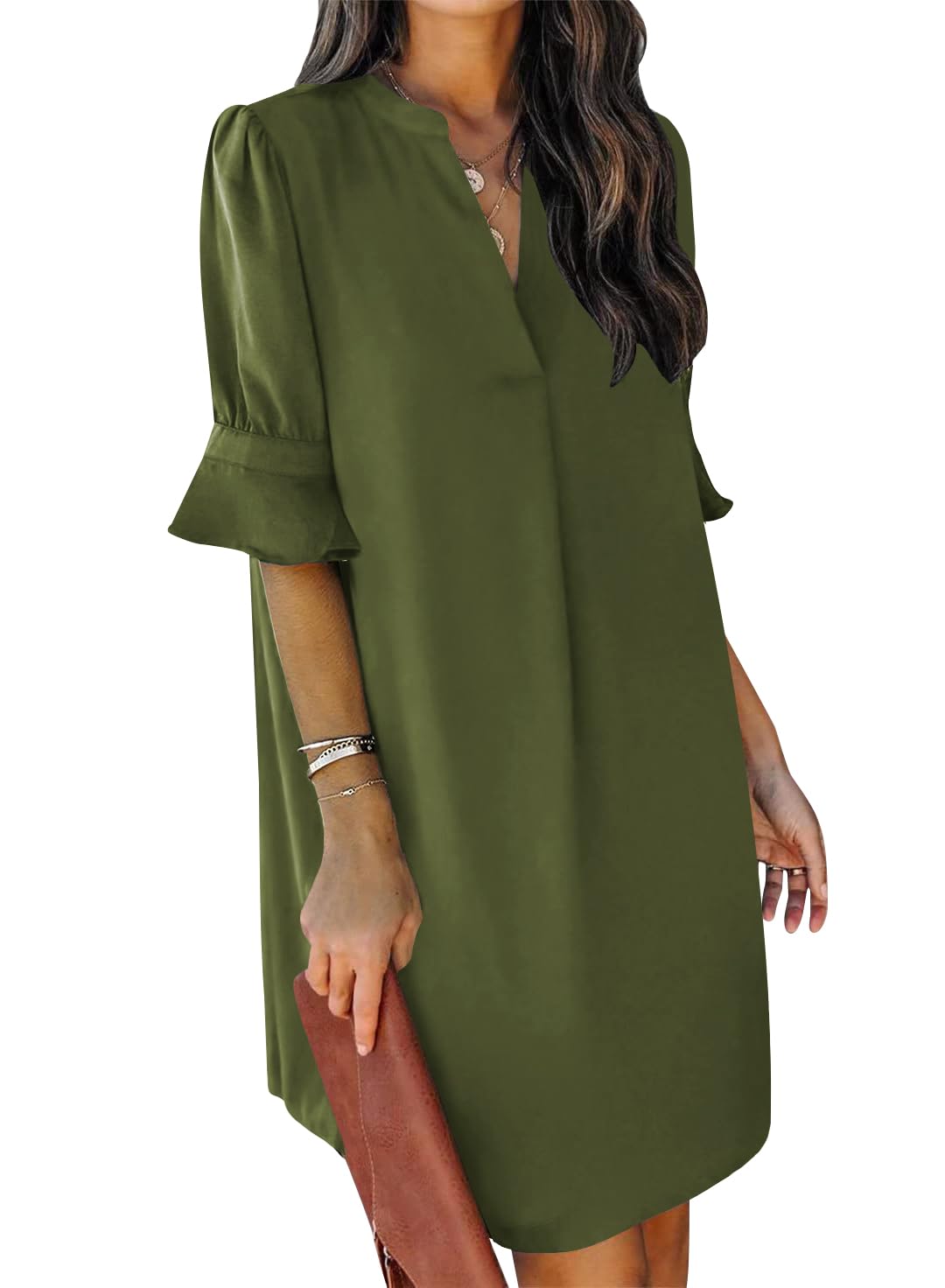 QACOHU Summer Dresses for Women V Neck Ruffle Short Sleeve Casual Shift Dress