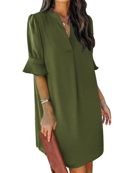 QACOHU Summer Dresses for Women V Neck Ruffle Short Sleeve Casual Shift Dress