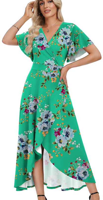 WEACZZY Women V Neck Ruffle Sleeve Maxi Dresses Split Elegant Slim Wrap Waist Wedding Guest Dress Elegant Casual Dresses 2026