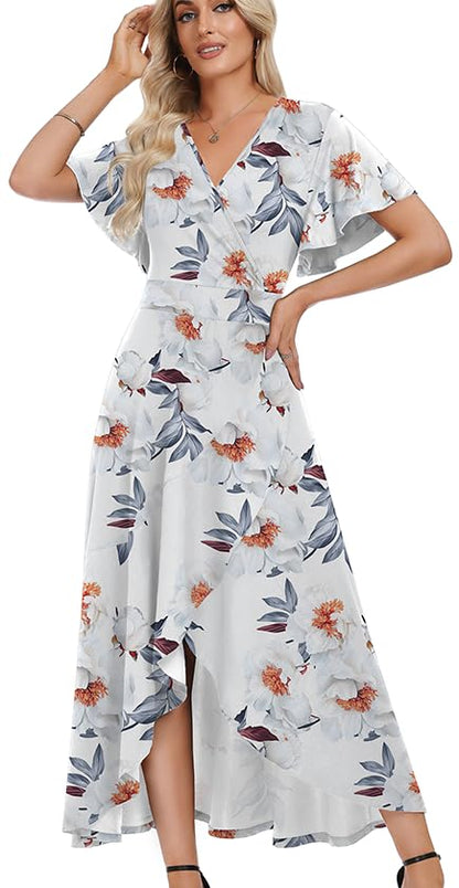 WEACZZY Women V Neck Ruffle Sleeve Maxi Dresses Split Elegant Slim Wrap Waist Wedding Guest Dress Elegant Casual Dresses 2026