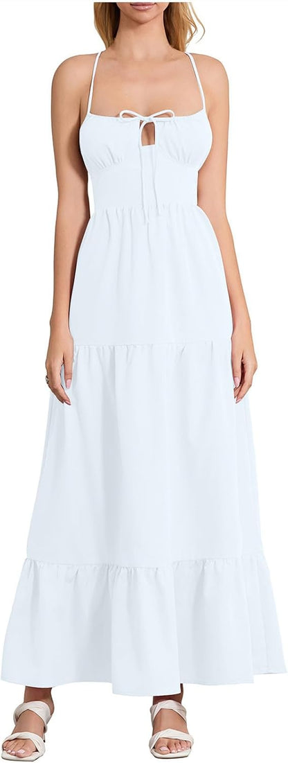 Women's Backless Dress Trendy Tied Front Spaghetti Strap Cutout Maxi Dress Prom Cocktail Evening Party Maxi Dresses