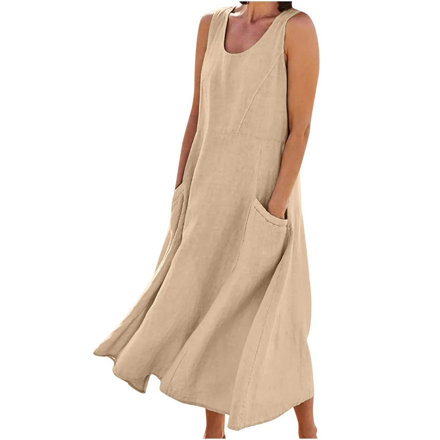 SMIDOW Cotton Dresses for Women Casual Summer 2024 Solid Beach Flowy Tshirt Sundress Sleeveless Tank Long Dress with Pockets