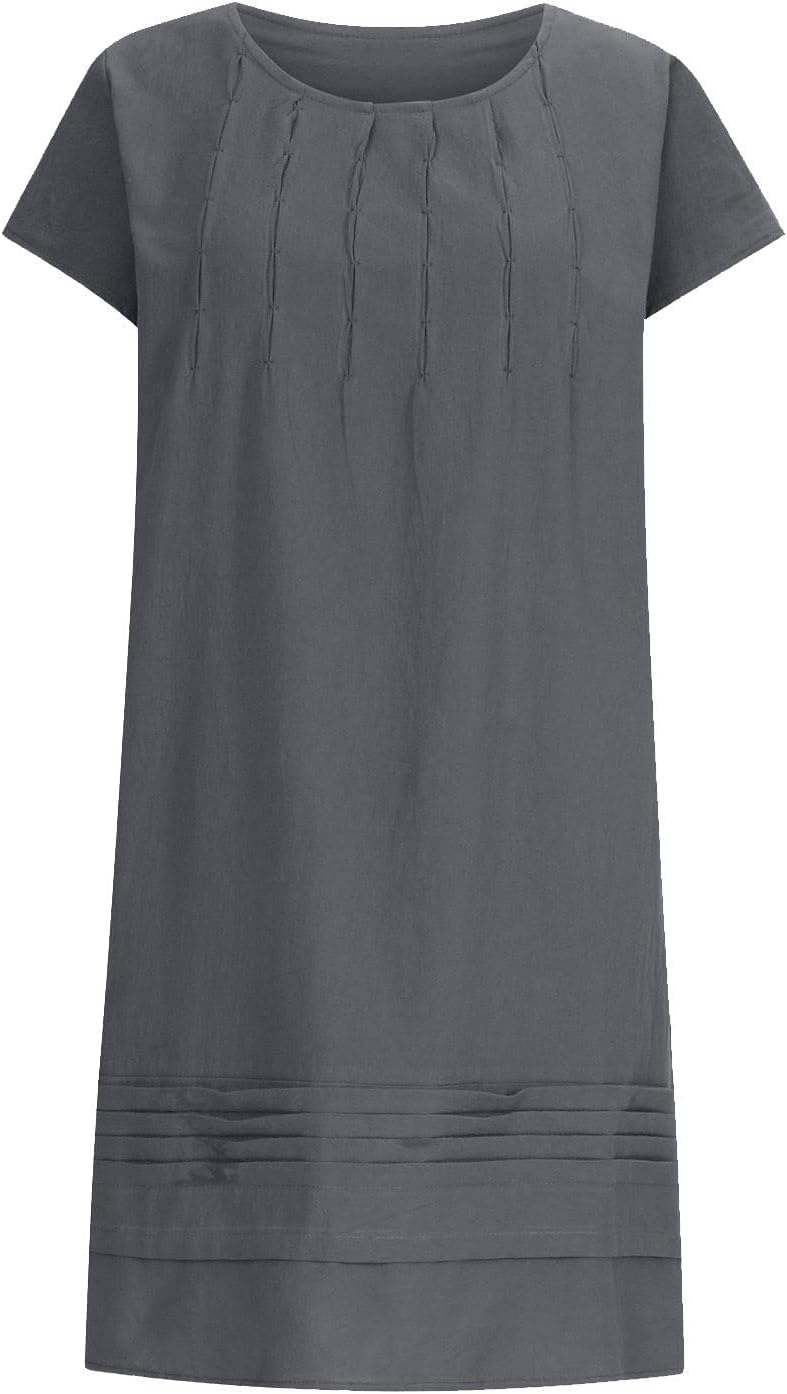 Cotton Linen Dress for Women Plus Size Pleated Dresses Casual Round Neck Short Sleeve Sundress Beach Vacation Dress