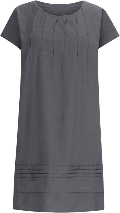 Cotton Linen Dress for Women Plus Size Pleated Dresses Casual Round Neck Short Sleeve Sundress Beach Vacation Dress