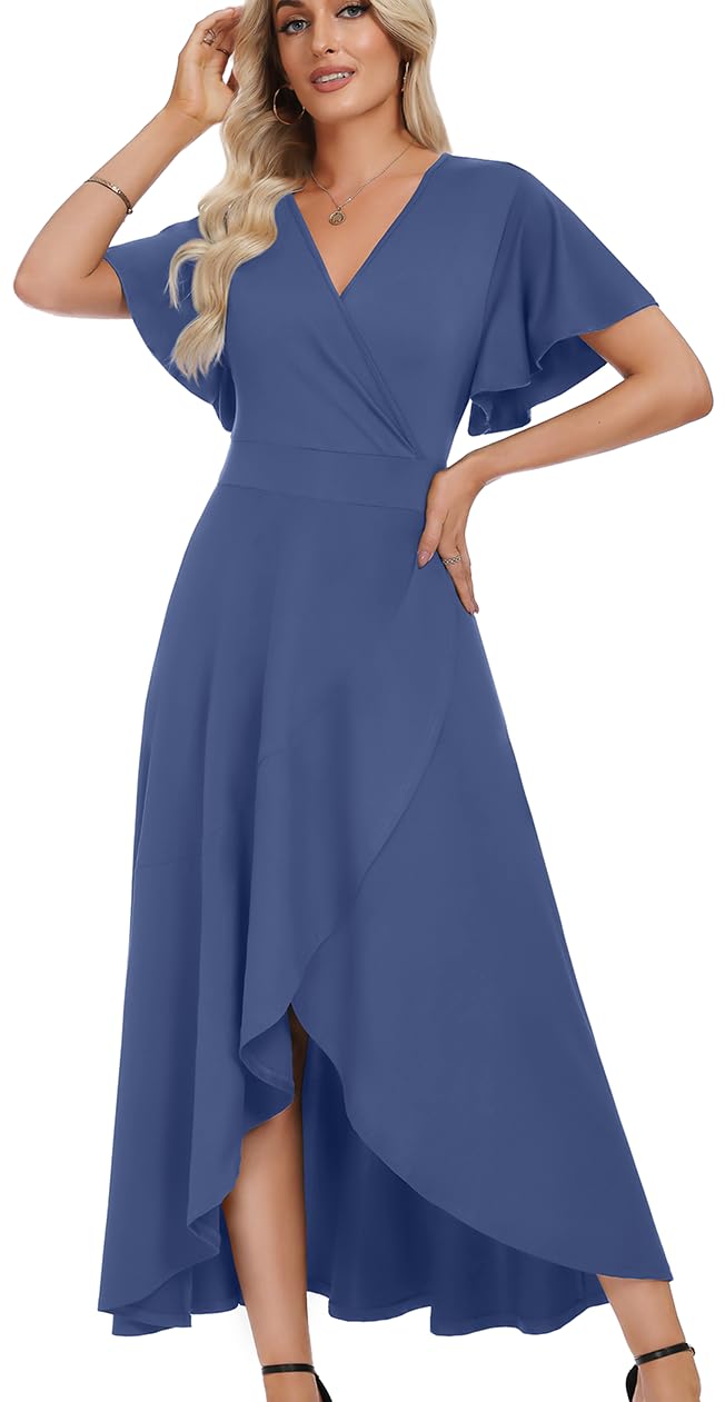 WEACZZY Women V Neck Ruffle Sleeve Maxi Dresses Split Elegant Slim Wrap Waist Wedding Guest Dress Elegant Casual Dresses 2026