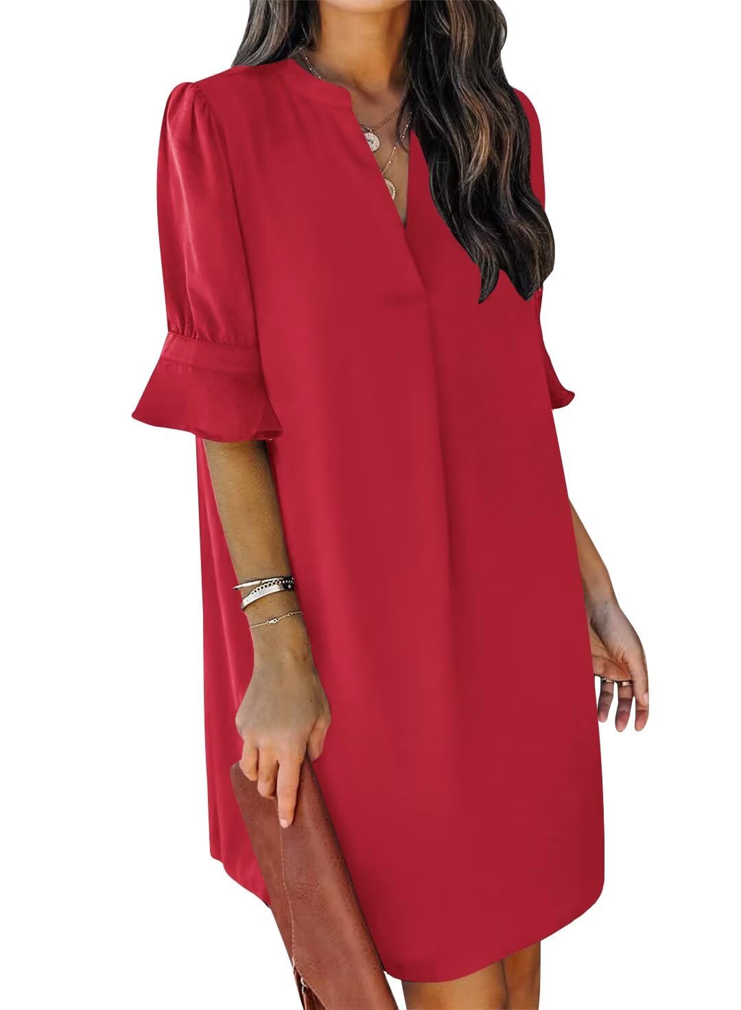 QACOHU Summer Dresses for Women V Neck Ruffle Short Sleeve Casual Shift Dress