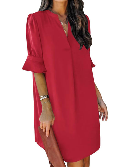 QACOHU Summer Dresses for Women V Neck Ruffle Short Sleeve Casual Shift Dress