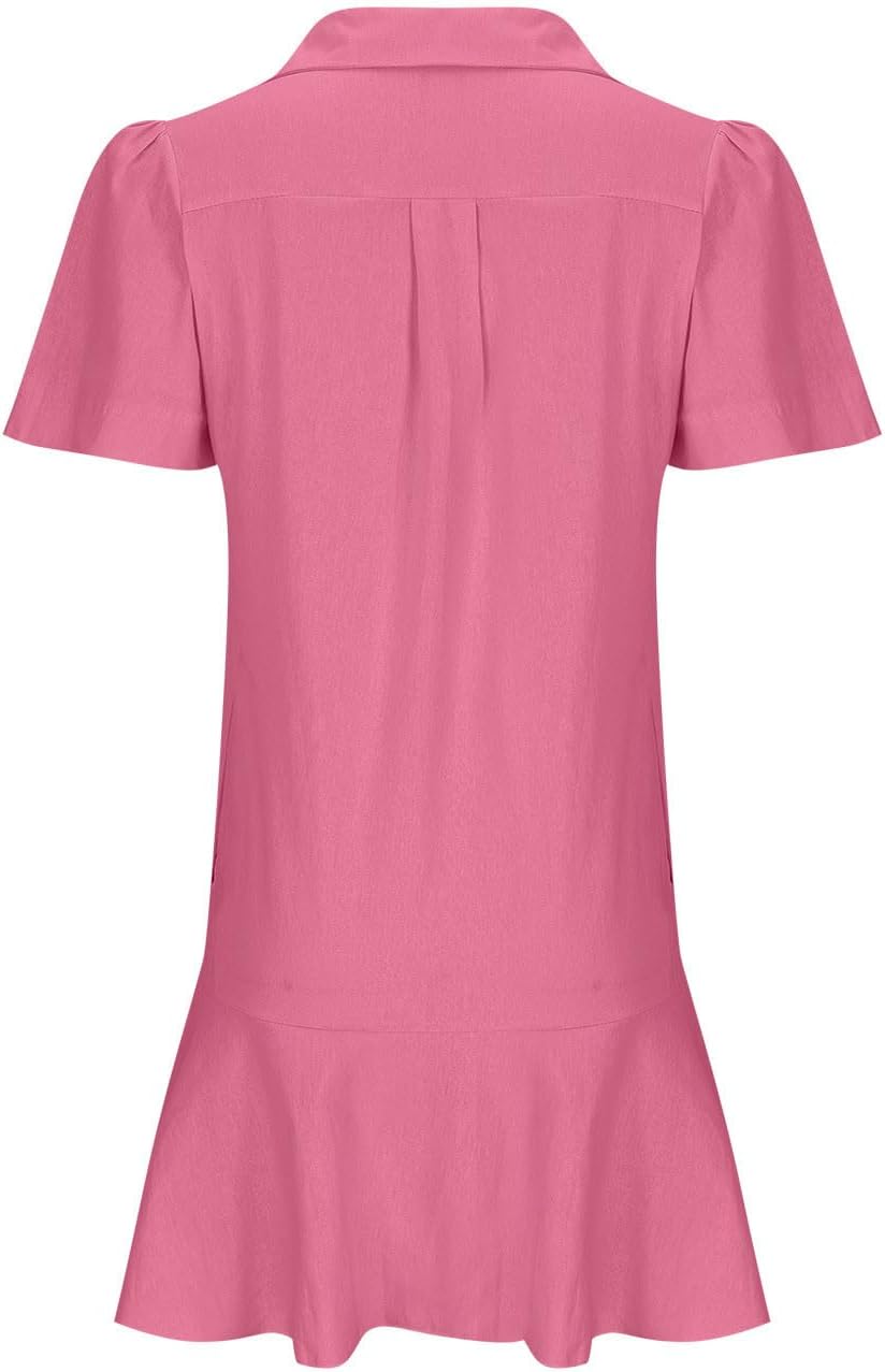 Women‘s Sleeveless Shirt Dress Ruffle Hem Tank Dress Button V Neck Swing Shift Mini Dresses Lapel Collar Tunic Dress