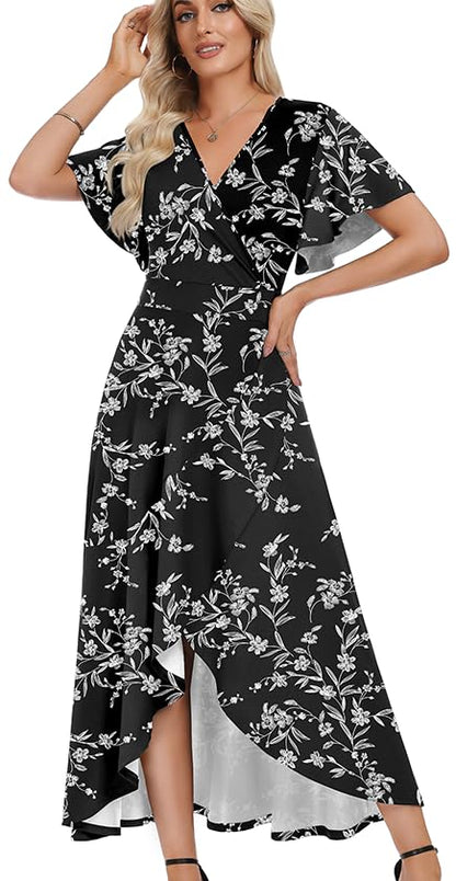 WEACZZY Women V Neck Ruffle Sleeve Maxi Dresses Split Elegant Slim Wrap Waist Wedding Guest Dress Elegant Casual Dresses 2026