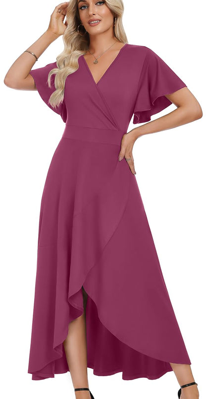 WEACZZY Women V Neck Ruffle Sleeve Maxi Dresses Split Elegant Slim Wrap Waist Wedding Guest Dress Elegant Casual Dresses 2026