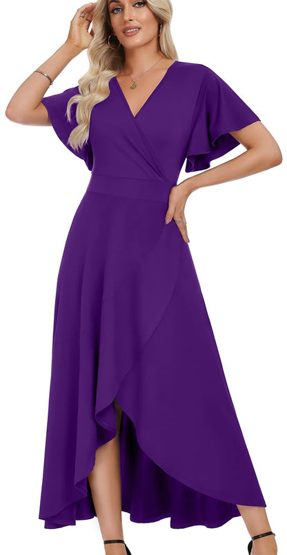 WEACZZY Women V Neck Ruffle Sleeve Maxi Dresses Split Elegant Slim Wrap Waist Wedding Guest Dress Elegant Casual Dresses 2026