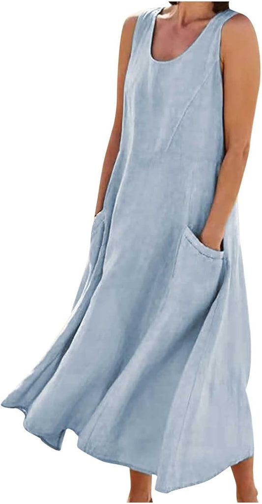 SMIDOW Cotton Dresses for Women Casual Summer 2024 Solid Beach Flowy Tshirt Sundress Sleeveless Tank Long Dress with Pockets