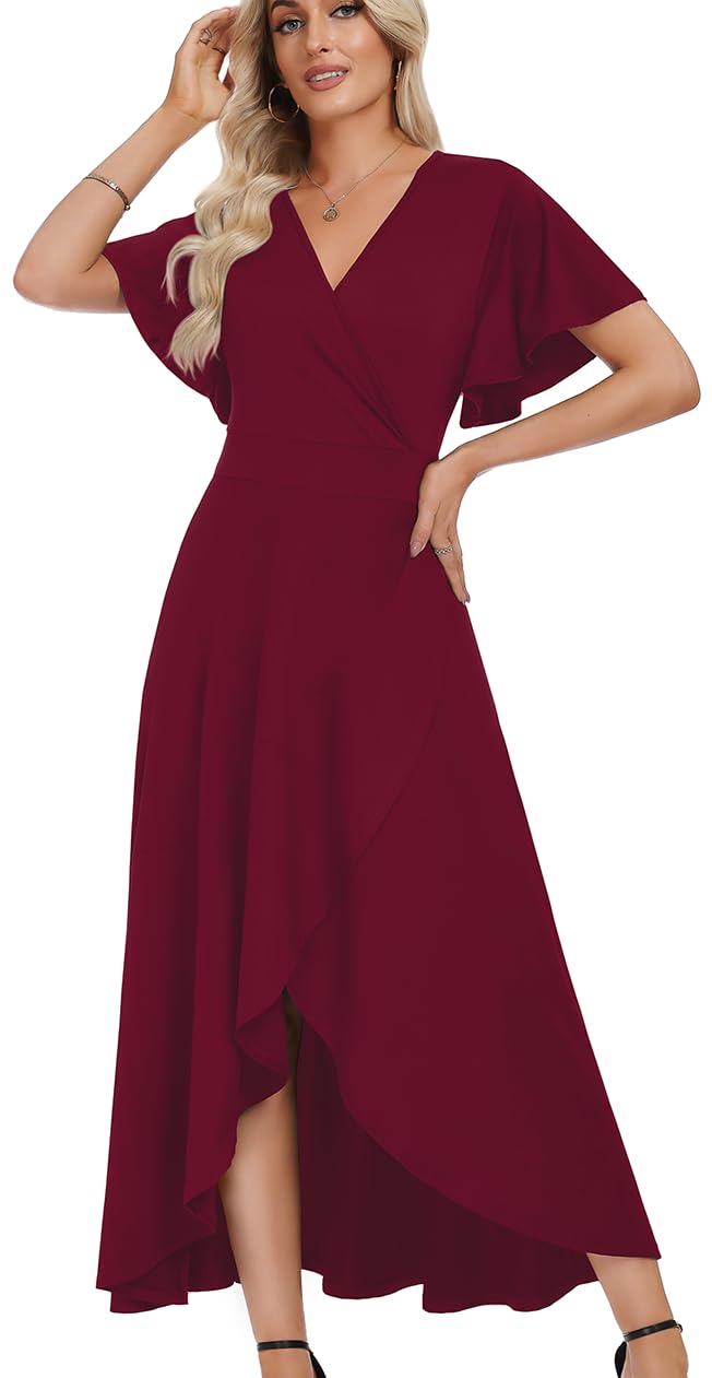WEACZZY Women V Neck Ruffle Sleeve Maxi Dresses Split Elegant Slim Wrap Waist Wedding Guest Dress Elegant Casual Dresses 2026