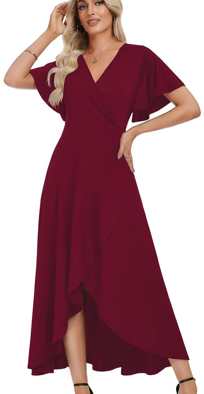 WEACZZY Women V Neck Ruffle Sleeve Maxi Dresses Split Elegant Slim Wrap Waist Wedding Guest Dress Elegant Casual Dresses 2026