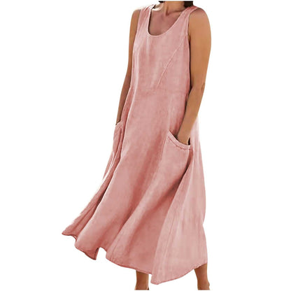 SMIDOW Cotton Dresses for Women Casual Summer 2024 Solid Beach Flowy Tshirt Sundress Sleeveless Tank Long Dress with Pockets
