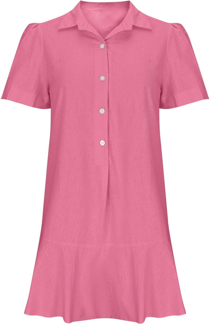 Women‘s Sleeveless Shirt Dress Ruffle Hem Tank Dress Button V Neck Swing Shift Mini Dresses Lapel Collar Tunic Dress