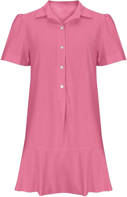 Women‘s Sleeveless Shirt Dress Ruffle Hem Tank Dress Button V Neck Swing Shift Mini Dresses Lapel Collar Tunic Dress