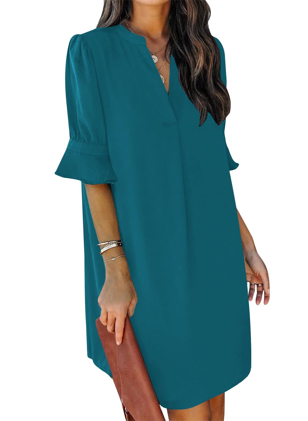 QACOHU Summer Dresses for Women V Neck Ruffle Short Sleeve Casual Shift Dress