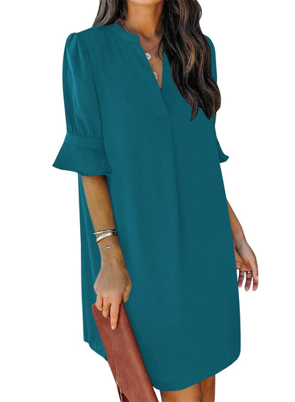 QACOHU Summer Dresses for Women V Neck Ruffle Short Sleeve Casual Shift Dress