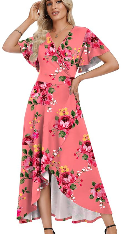WEACZZY Women V Neck Ruffle Sleeve Maxi Dresses Split Elegant Slim Wrap Waist Wedding Guest Dress Elegant Casual Dresses 2026