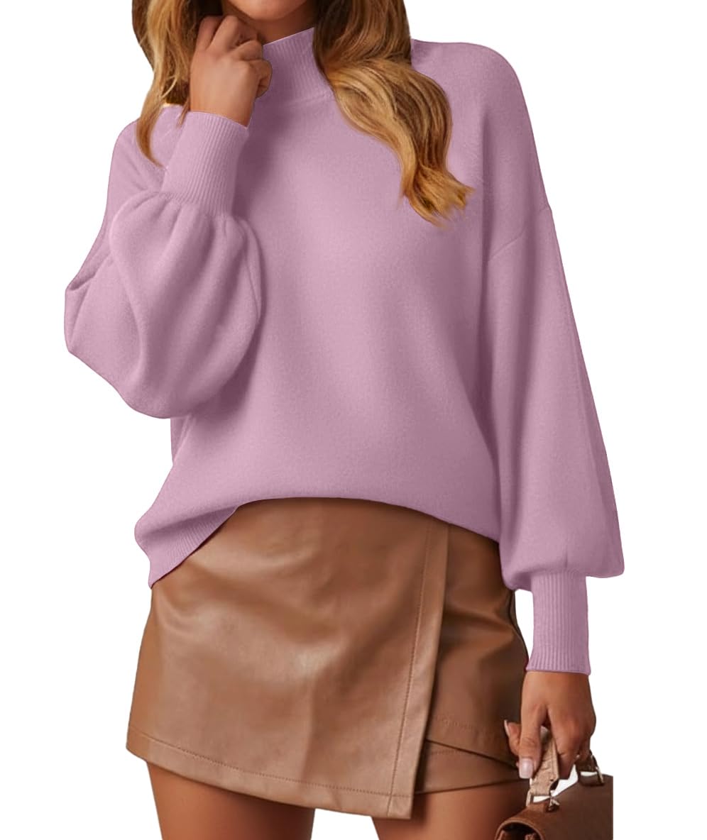 WEACZZY Women's 2026 Fall Fashion Casual Sweaters Mock Neck Long Lantern Sleeve Lightweight Knit Pullover Sweater Tops