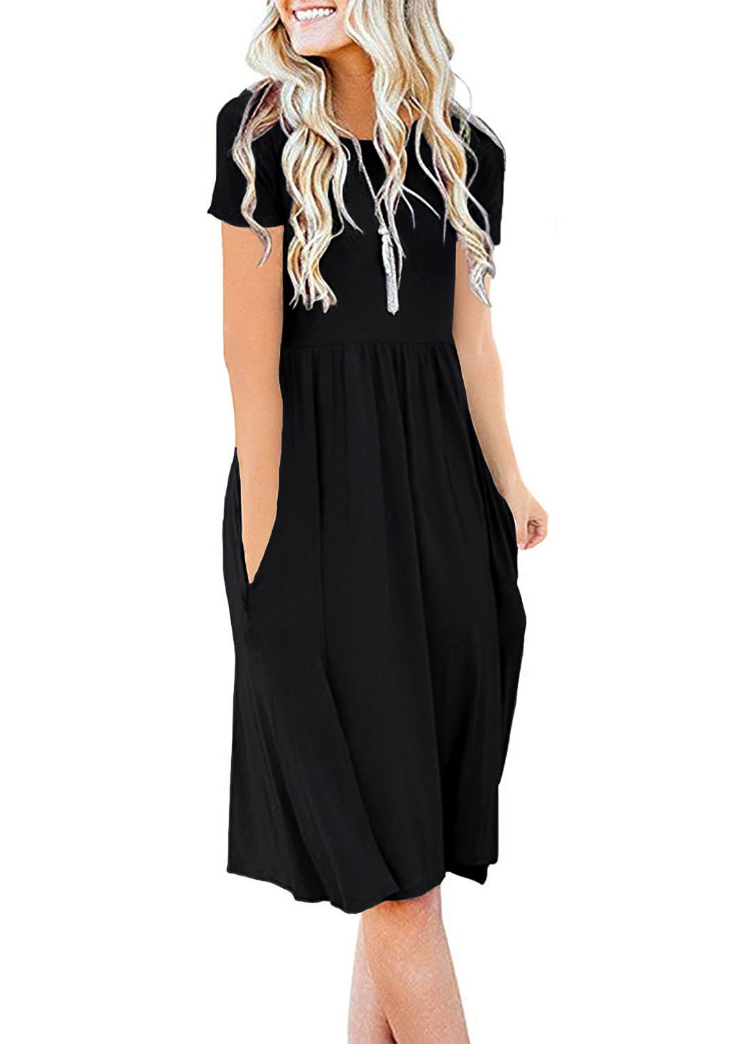 DB MOON Women Summer Casual Short Sleeve Dresses Empire Waist Dress with Pockets