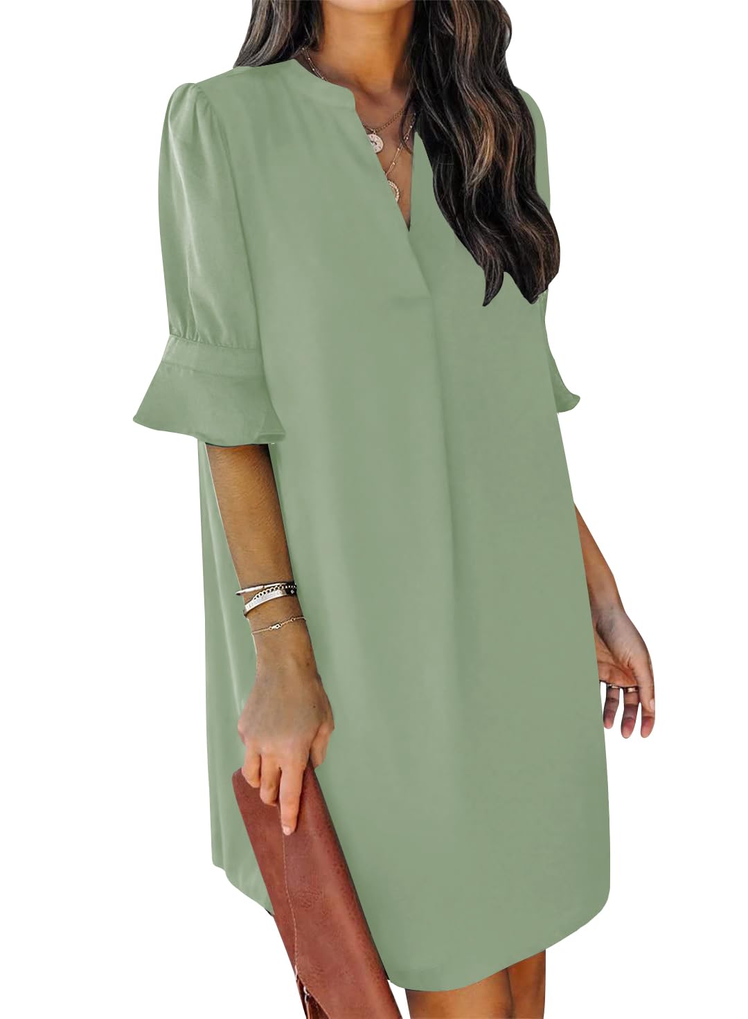 QACOHU Summer Dresses for Women V Neck Ruffle Short Sleeve Casual Shift Dress