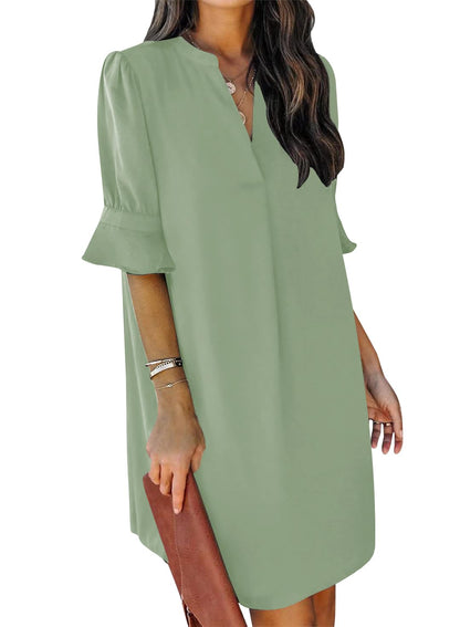 QACOHU Summer Dresses for Women V Neck Ruffle Short Sleeve Casual Shift Dress