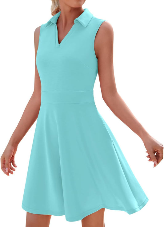 WEACZZY Womens Summer Dresses Casual Collared V Neck Mini Dress Sleeveless Tennis Golf Dress with Pockets