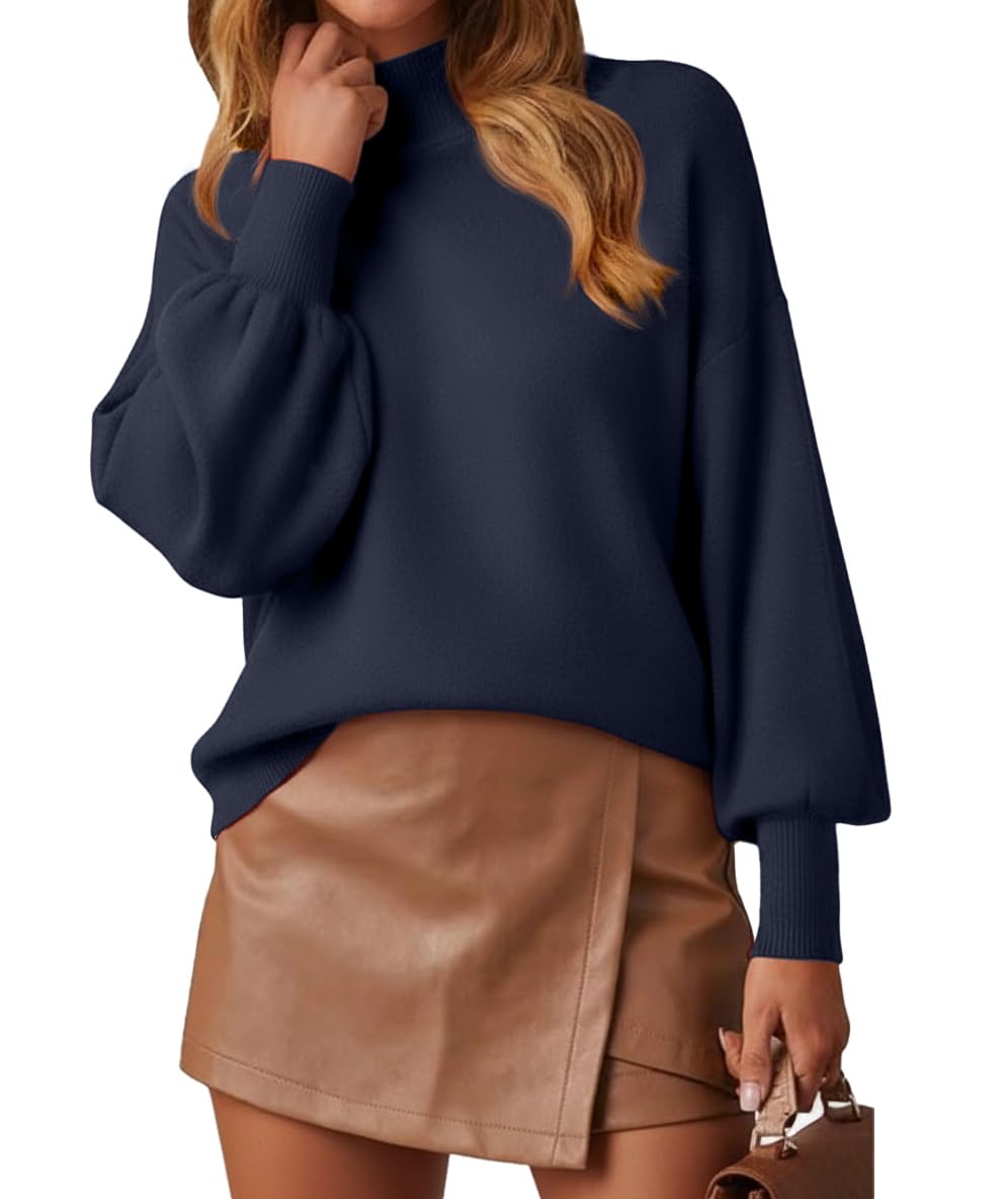 WEACZZY Women's 2026 Fall Fashion Casual Sweaters Mock Neck Long Lantern Sleeve Lightweight Knit Pullover Sweater Tops