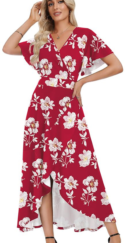 WEACZZY Women V Neck Ruffle Sleeve Maxi Dresses Split Elegant Slim Wrap Waist Wedding Guest Dress Elegant Casual Dresses 2026