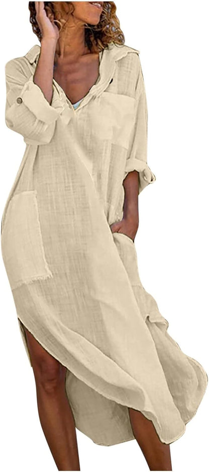Ceboyel Womens Summer Causal Dresses Long Sleeve Dress Cotton Linen Shirt Dresses Dressy Trendy Ladies Outfits 2023