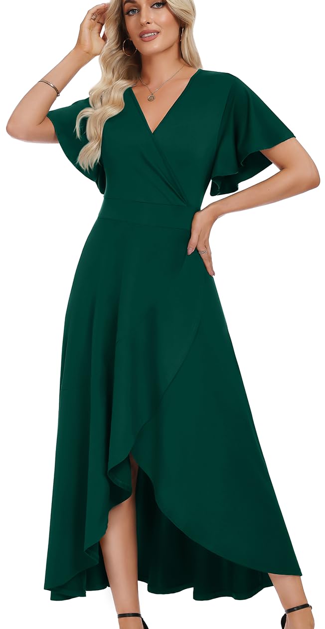 WEACZZY Women V Neck Ruffle Sleeve Maxi Dresses Split Elegant Slim Wrap Waist Wedding Guest Dress Elegant Casual Dresses 2026