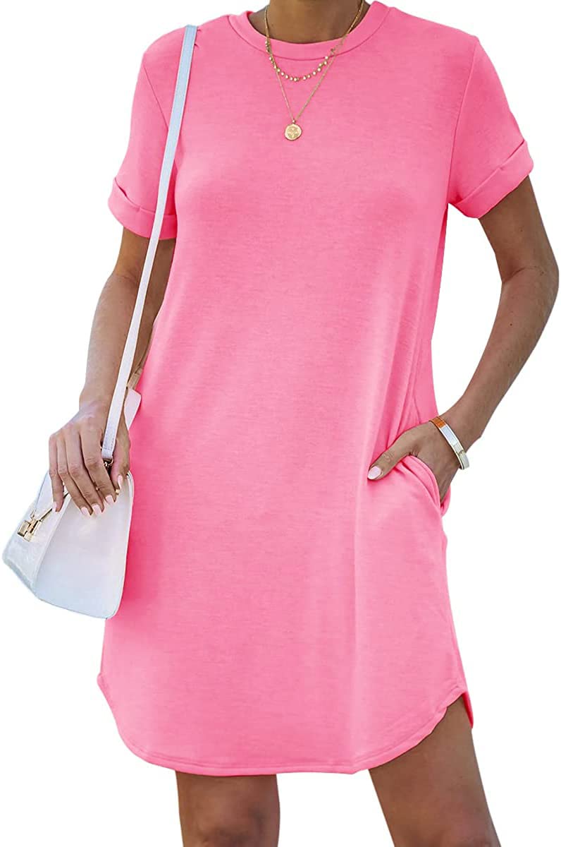 YEXIPO Women's Casual Summer Short Sleeve T Shirt Dress Nightgown Crew Neck Loose Solid Color Basic Dresses with Pockets