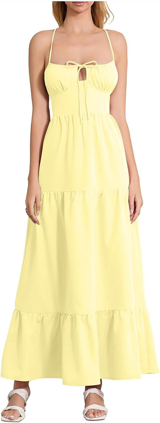 Women's Backless Dress Trendy Tied Front Spaghetti Strap Cutout Maxi Dress Prom Cocktail Evening Party Maxi Dresses