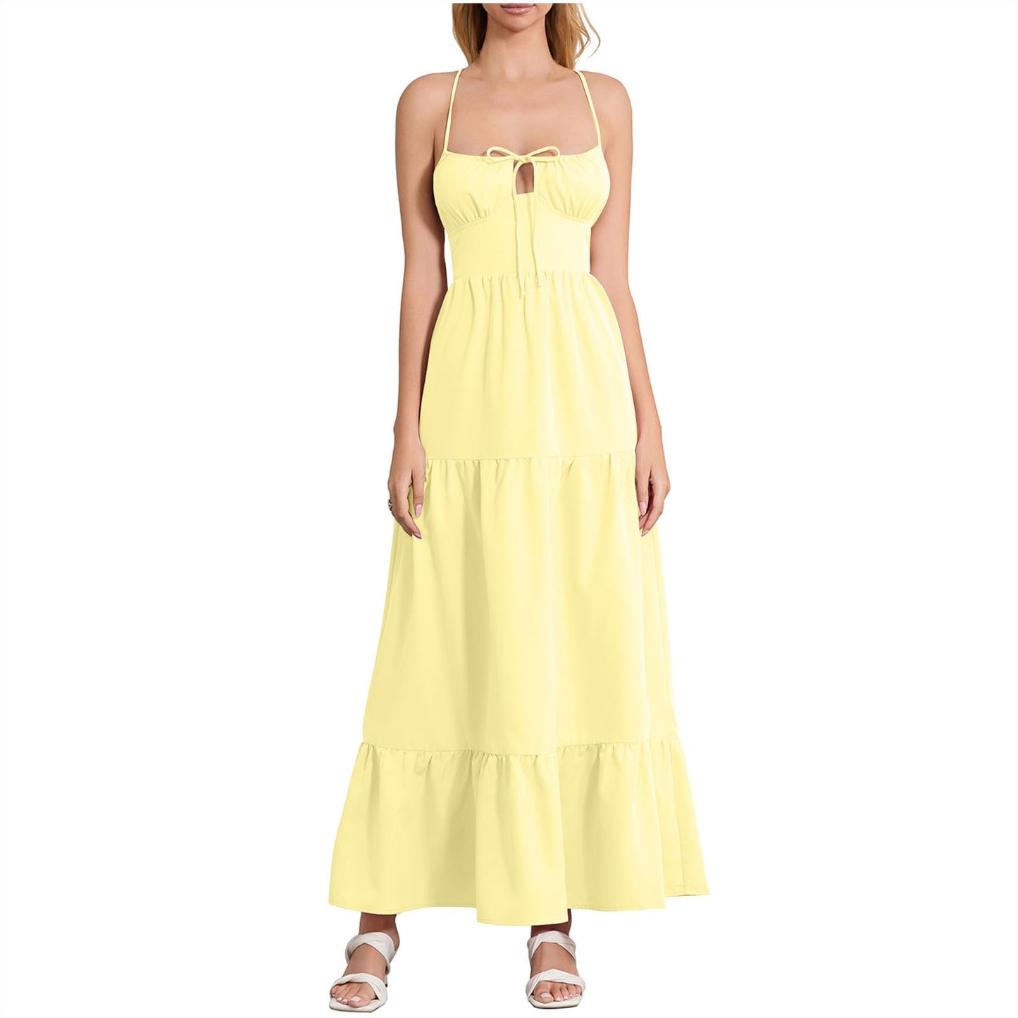 Women's Backless Dress Trendy Tied Front Spaghetti Strap Cutout Maxi Dress Prom Cocktail Evening Party Maxi Dresses