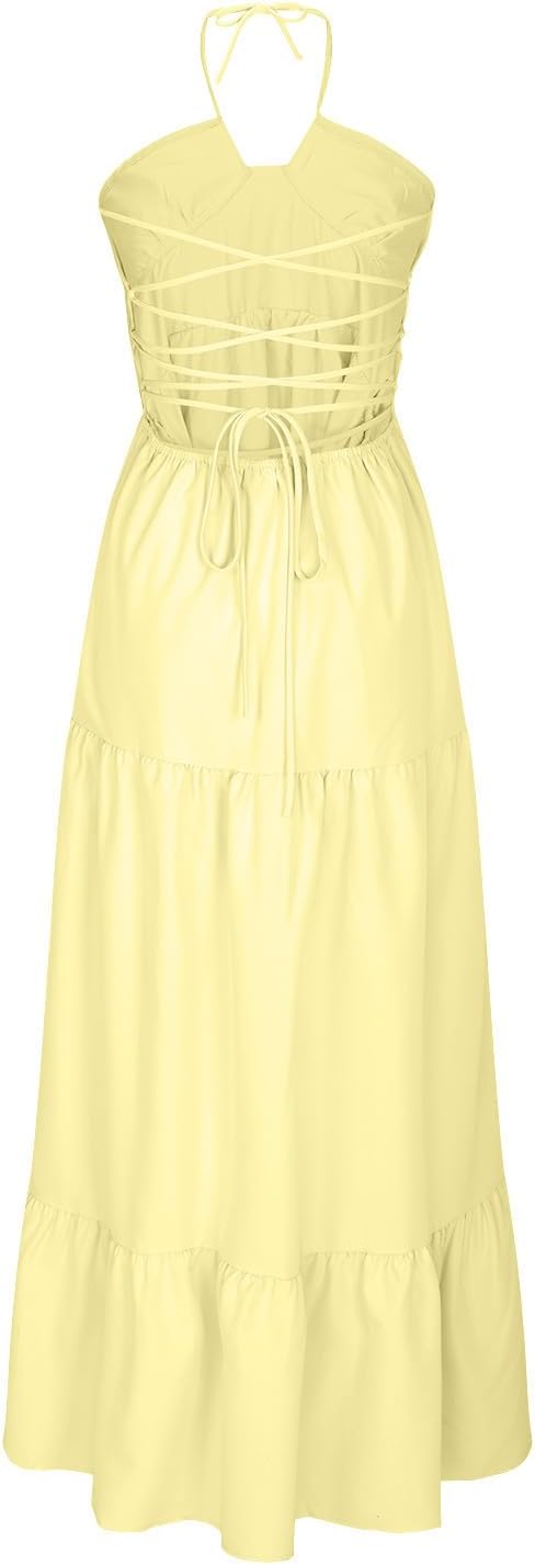 Women's Backless Dress Trendy Tied Front Spaghetti Strap Cutout Maxi Dress Prom Cocktail Evening Party Maxi Dresses