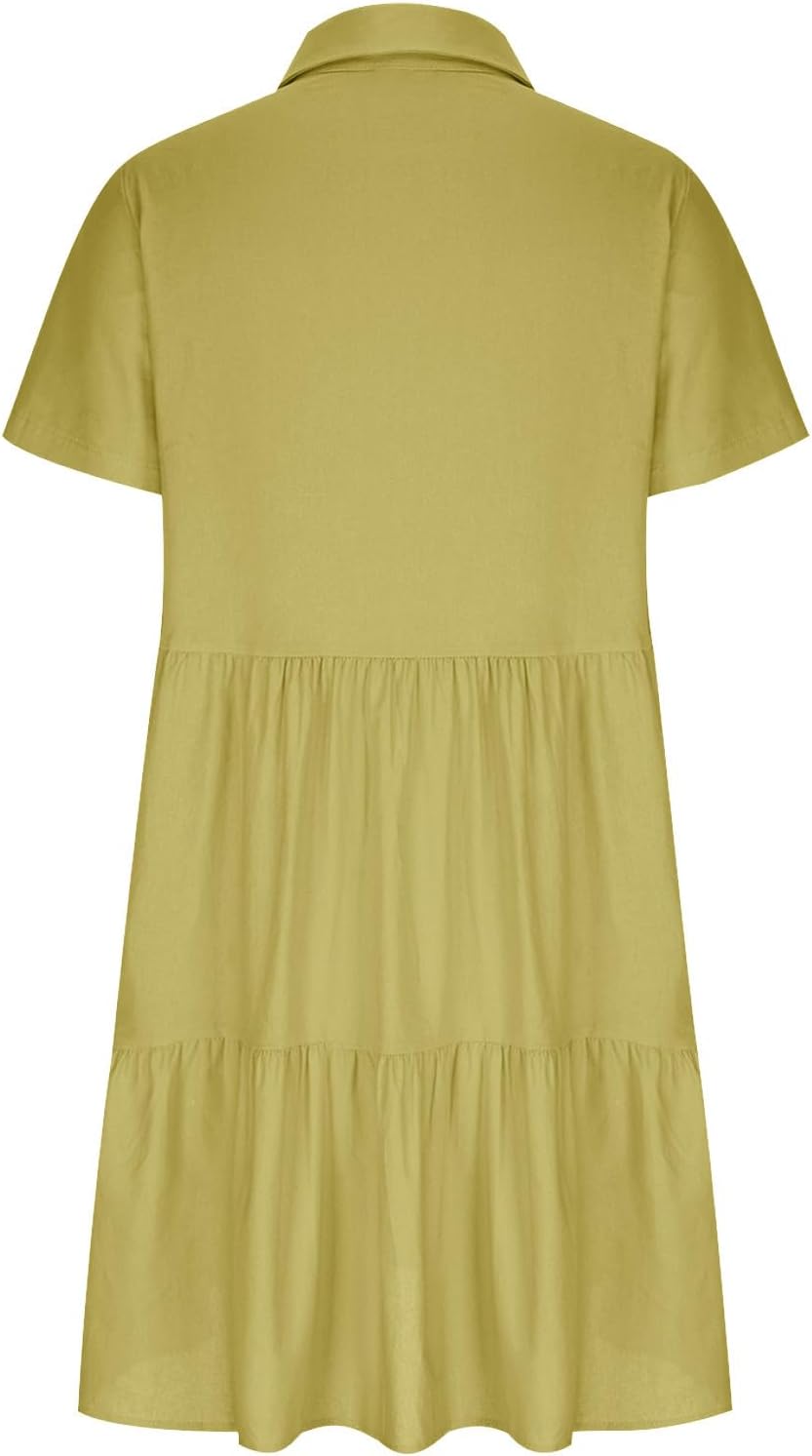 Women's Pleated Flowy T Shirt Dresses Plus Size V Neck Button Up Short Sleeve Midi Dress Loose Fit Tiered Sundress