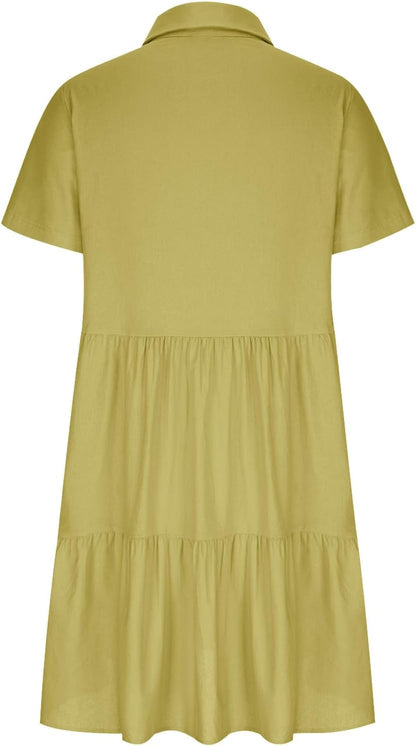 Women's Pleated Flowy T Shirt Dresses Plus Size V Neck Button Up Short Sleeve Midi Dress Loose Fit Tiered Sundress