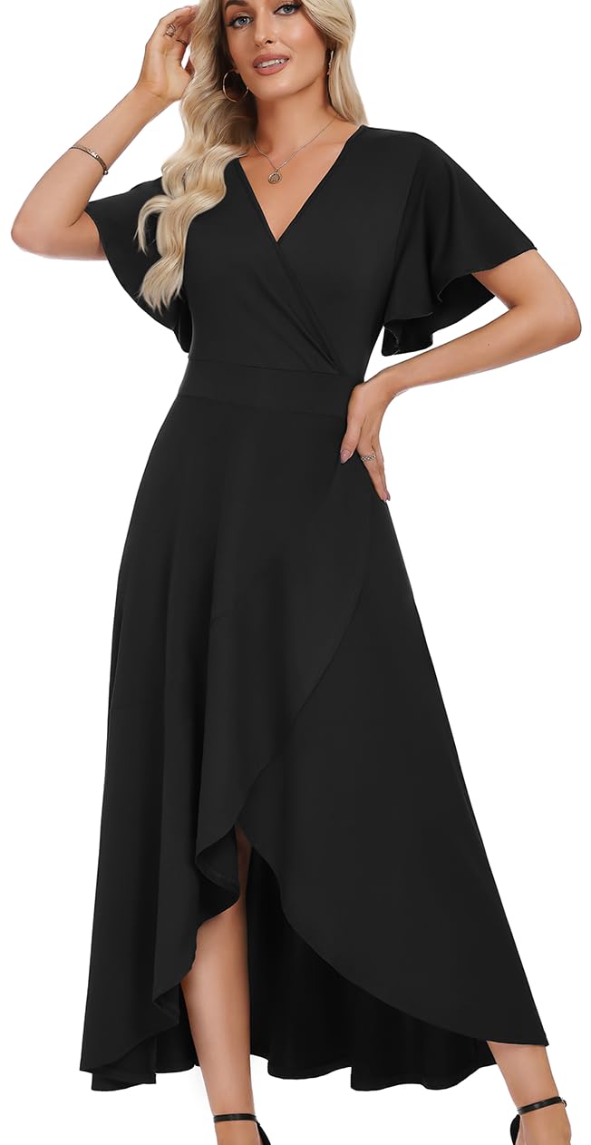 WEACZZY Women V Neck Ruffle Sleeve Maxi Dresses Split Elegant Slim Wrap Waist Wedding Guest Dress Elegant Casual Dresses 2026