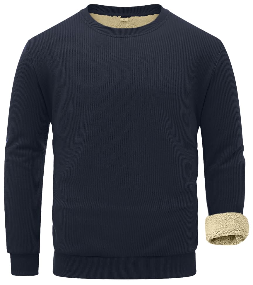 Sailwind Men's Crewneck Sherpa Lined Fleece Waffle Sweatshirt Long Sleeve Warm Pullover Winter Thermal Heavyweight Tops