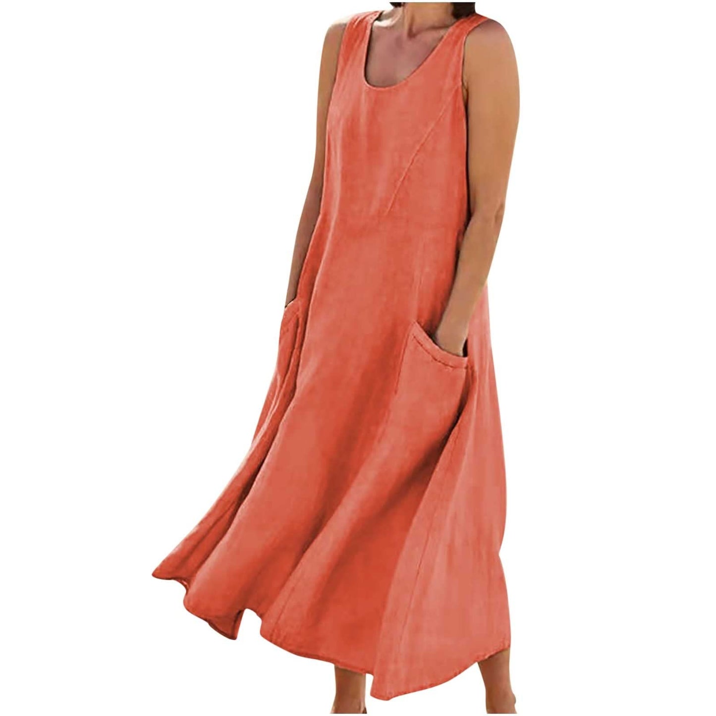 SMIDOW Cotton Dresses for Women Casual Summer 2024 Solid Beach Flowy Tshirt Sundress Sleeveless Tank Long Dress with Pockets