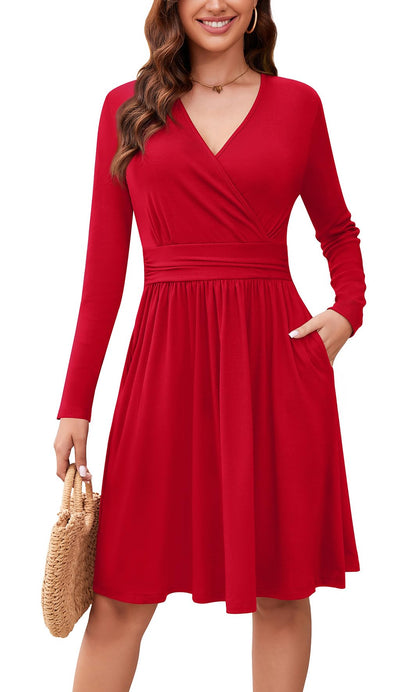 WEACZZY Women's Long Sleeve Casual Fall Dresses V-Neck Swing Floral Party Dress with Pockets 2026