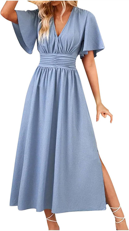 Maxi Dresses for Women Trendy Elegant Short Sleeve V Neck Pleated Swing Flowy Dress Ruffle Tiered Smocked Long Dress