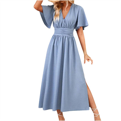 Maxi Dresses for Women Trendy Elegant Short Sleeve V Neck Pleated Swing Flowy Dress Ruffle Tiered Smocked Long Dress